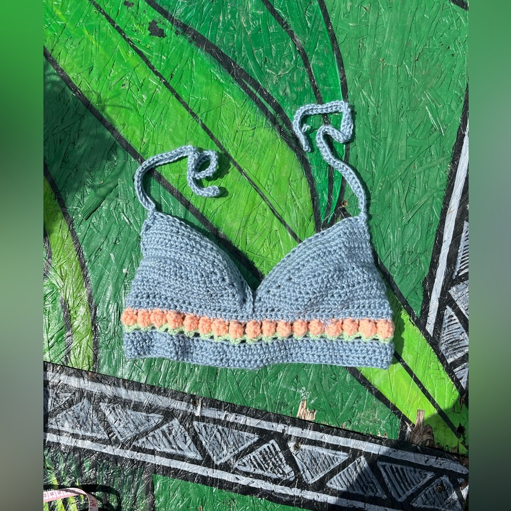 Handmade Crochet Bralette in Light Blue with Peach & Lime Accent